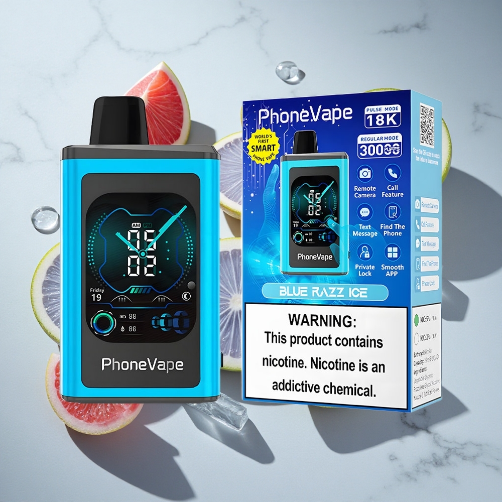 Blauwe Framboos IJs JNR PhoneVape 30000 puffs Nederland vapes Oplaadbare Accu 850mAh Full Display Screen