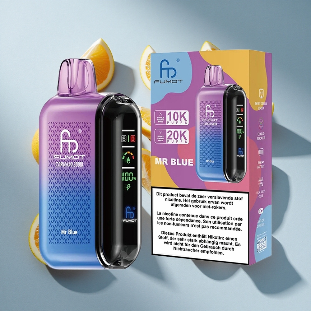 Blauwe Fumot Tornado 20000 Puffs Nederland vapes met Smart Display en Dual Mesh Coil