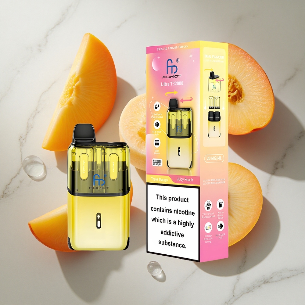 Drievoudige Mango - Sappige Perzik Fumot Ultra T32000 32000 Puffs Nederland vapes Type-C Opladen