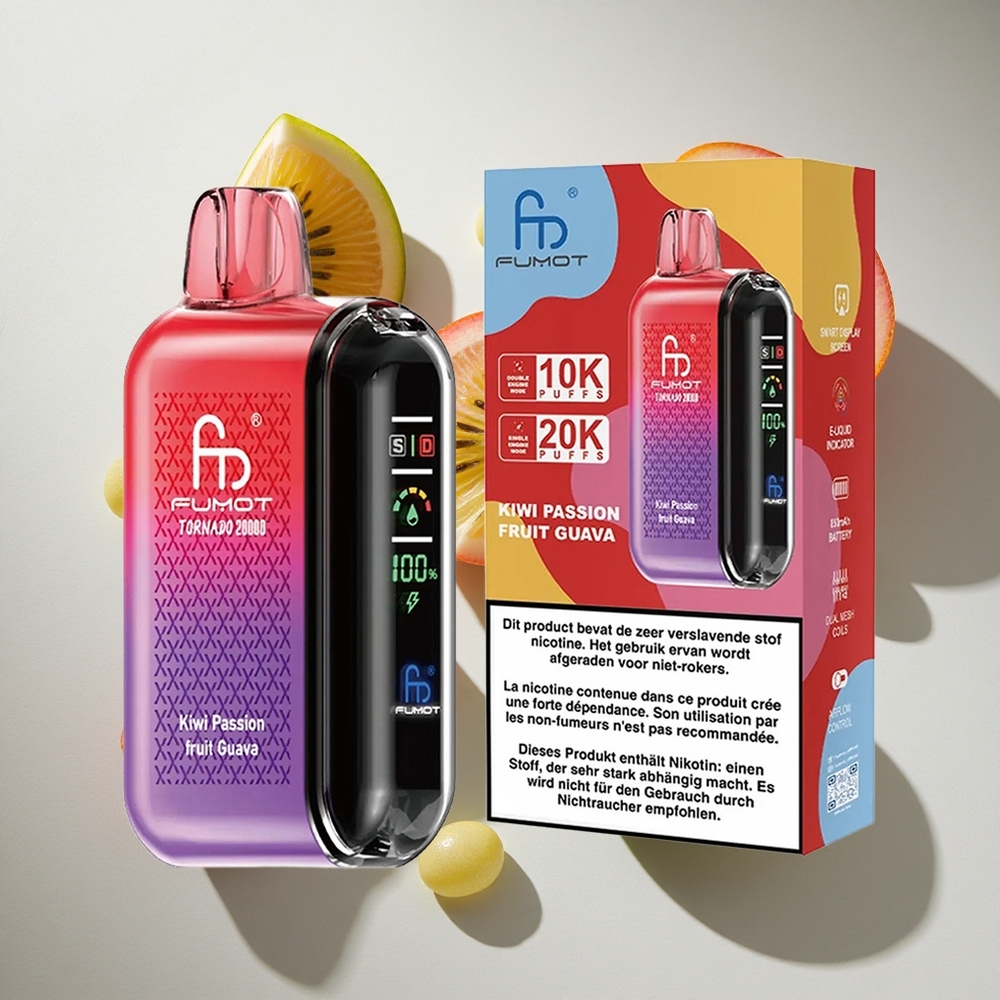 Kiwi Passievrucht Guave Fumot Tornado 20000 Puffs Nederland vapes met Dual Mesh Coil en Smart Display