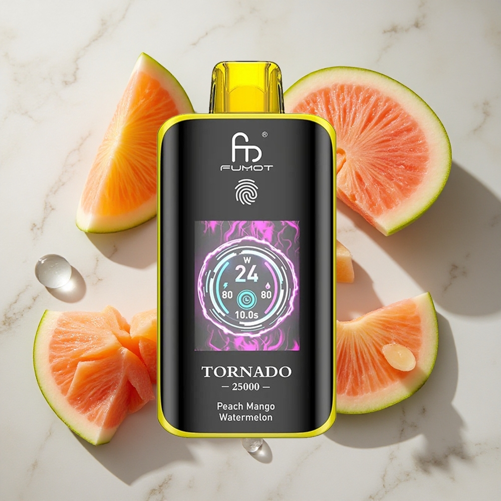 Perzik Mango Watermeloen Fumot Tornado 25000 Puffs Nederland vapes met 20ml voorgevuld e-liquid en Type-C oplaadpoort