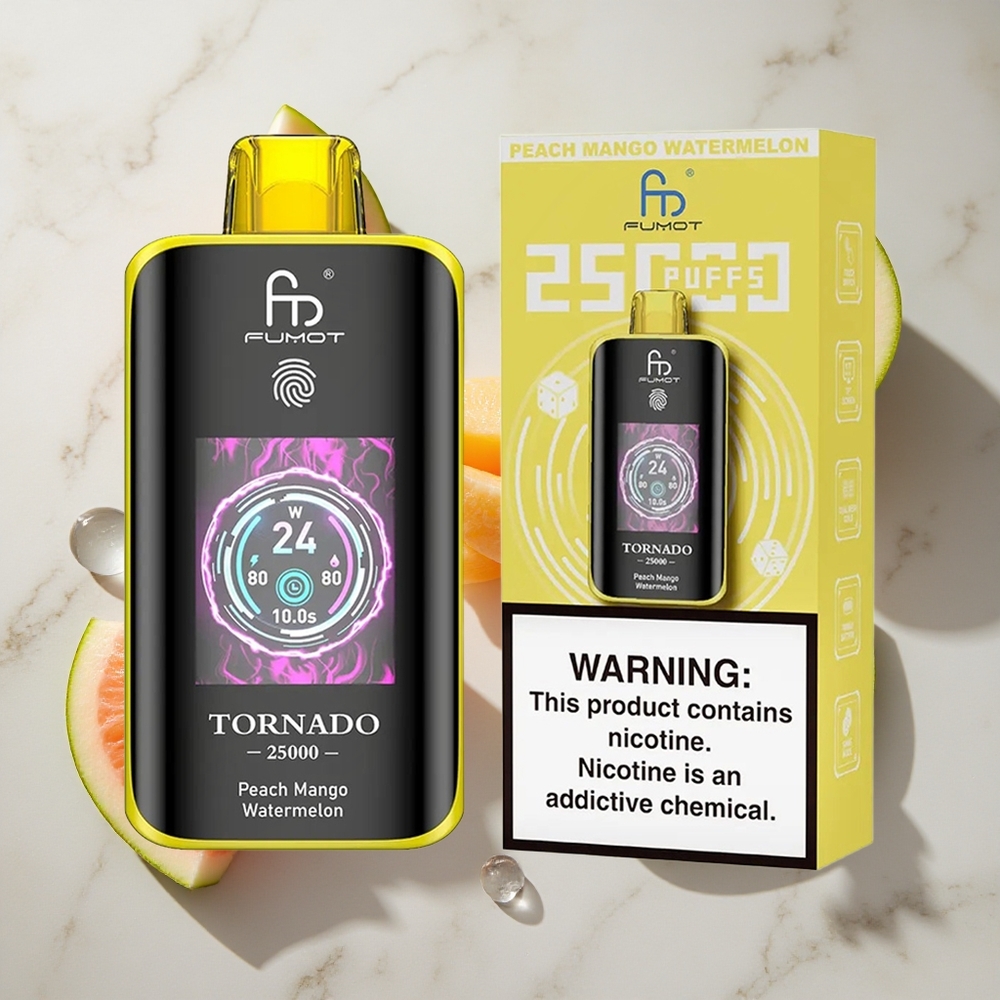 Perzik Mango Watermeloen Fumot Tornado 25000 Puffs Nederland vapes met 20ml voorgevuld e-liquid en Type-C oplaadpoort