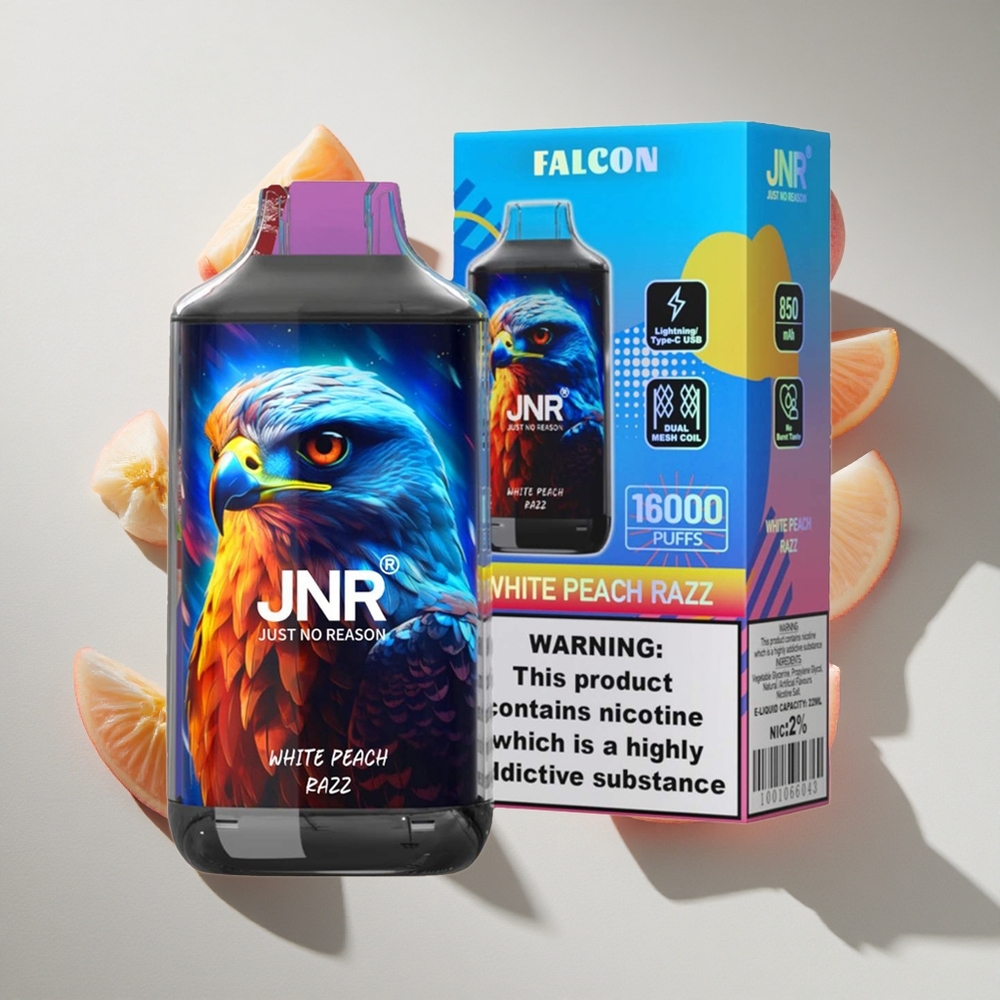 Witte Perzik Framboos JNR Falcon 16000 Puffs Nederland vapes - 22ml Vloeistof  Dual Mesh Coil