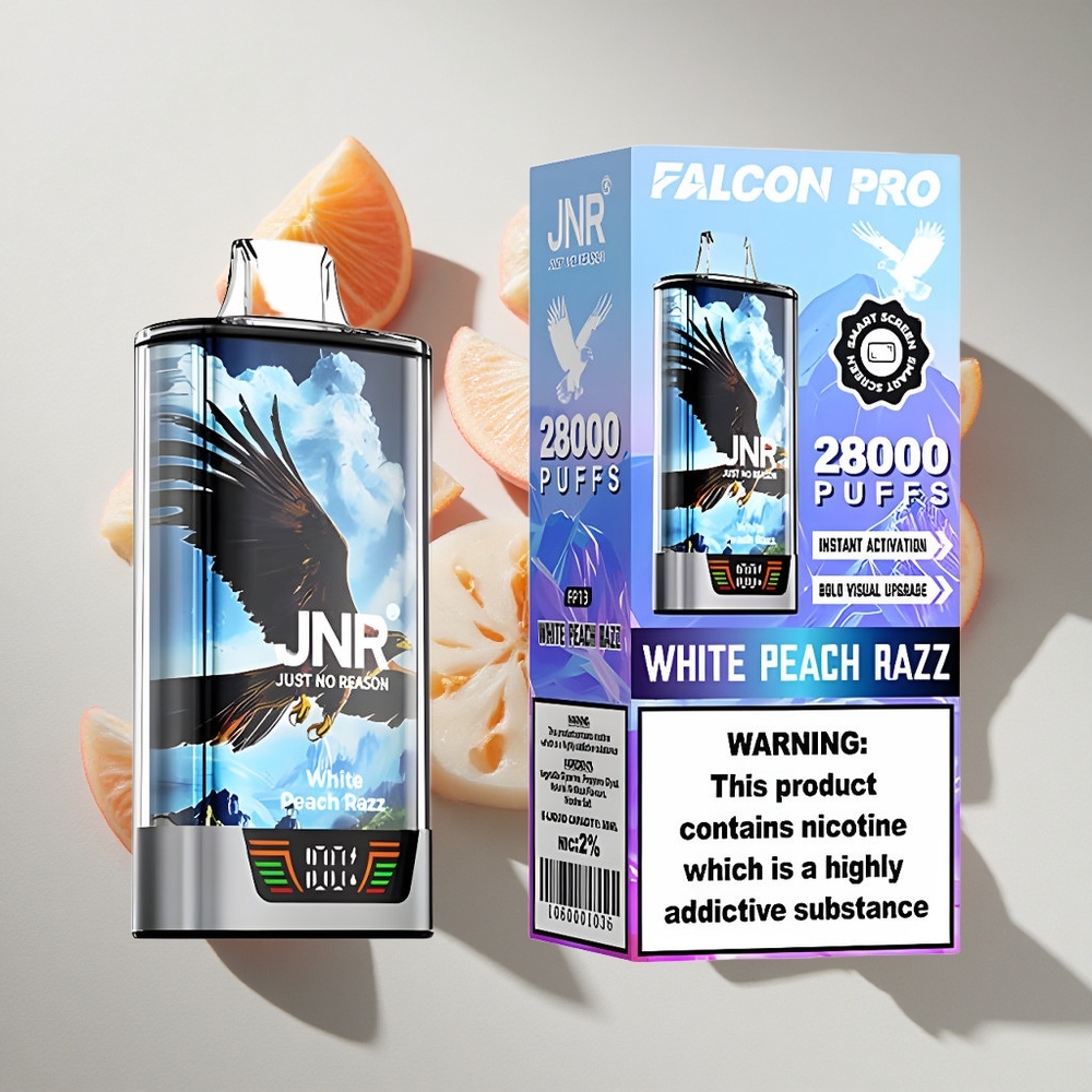 Witte Perzik Framboos JNR Falcon Pro 28000 puffs Nederland vapes met 30ml voorgevuld en USB Type-C
