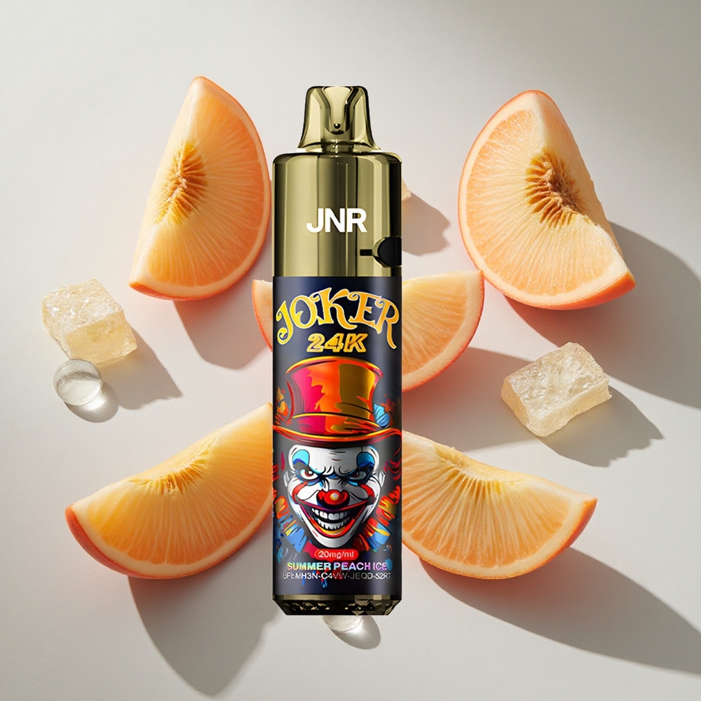 Zomerse Perzik IJs JNR Joker 24K Puffs Nederland vapes 2+10ml Navulbare Pod  Zichtbare Vloeistofniveaus