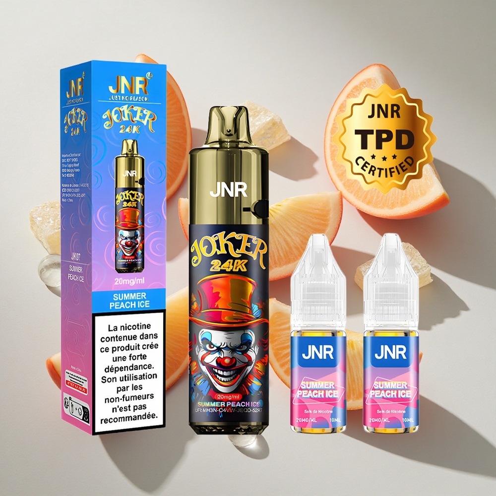 Zomerse Perzik IJs JNR Joker 24K Puffs Nederland vapes 2+10ml Navulbare Pod  Zichtbare Vloeistofniveaus